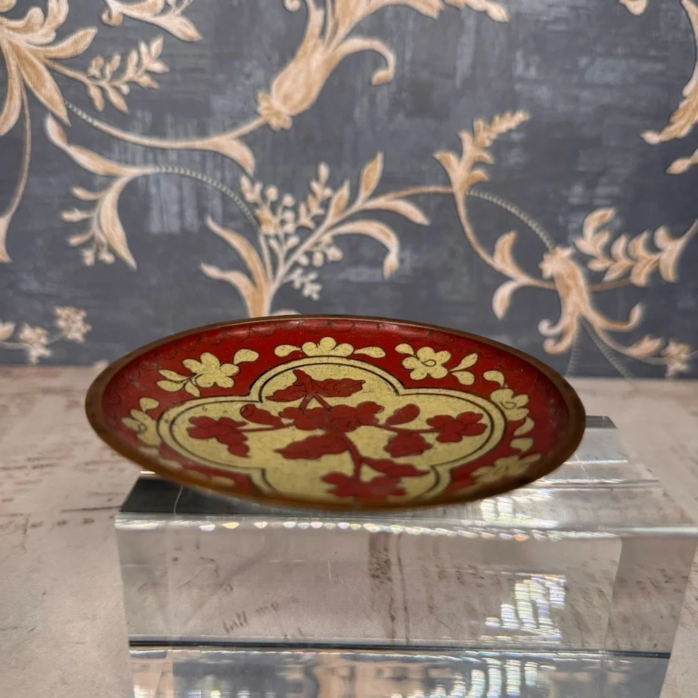 Vintage Chinese Cloisonne Brass Enamel Floral Trinket Dish Marked China